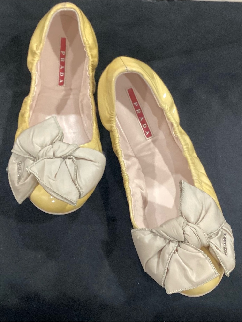 Prada Yellow Leather Ballet Flats with Cream Bow - Picture 4 of 9